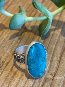 Turquoise rings with floral silver band
